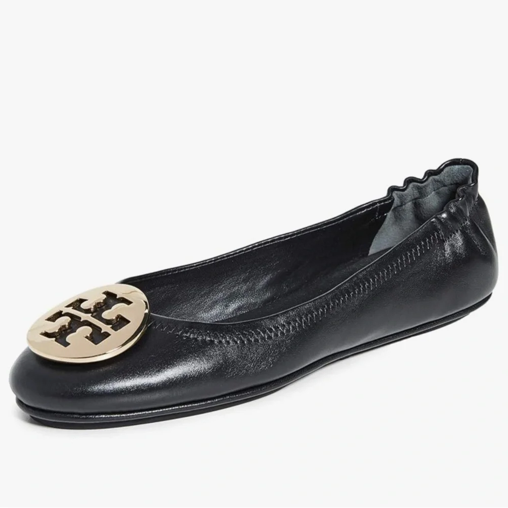 Tory Burch Minnie travel ballerinas gold logo US 6,5 black leather flats